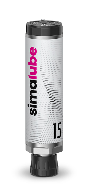simalube 15 ml automatic lubricator, compact cylindrical design with black cap