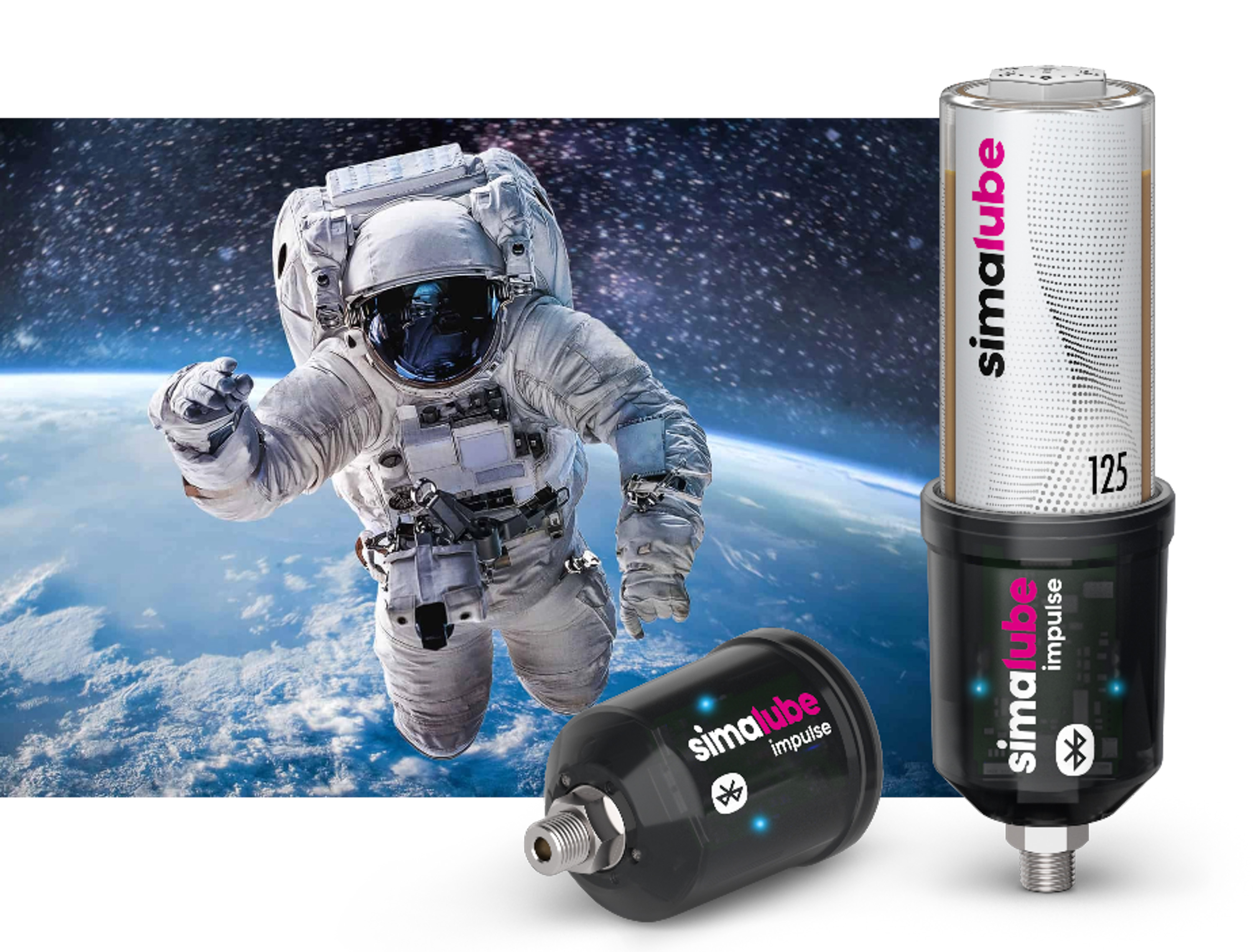 Astronaut in space in front of Earth, next to simalube impulse automatic lubricators with Bluetooth symbol