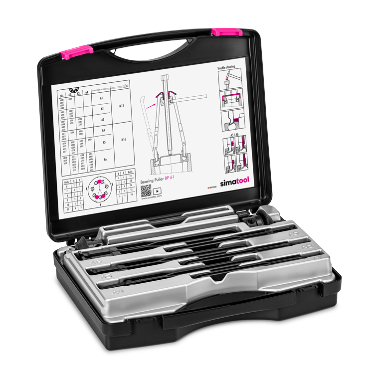 Simatool Extractor de Rodamientos BP 61 Maletín abierto. La guía práctica del usuario, que incluye una tabla de selección de rodamientos, está pegada en el interior del maletín. 