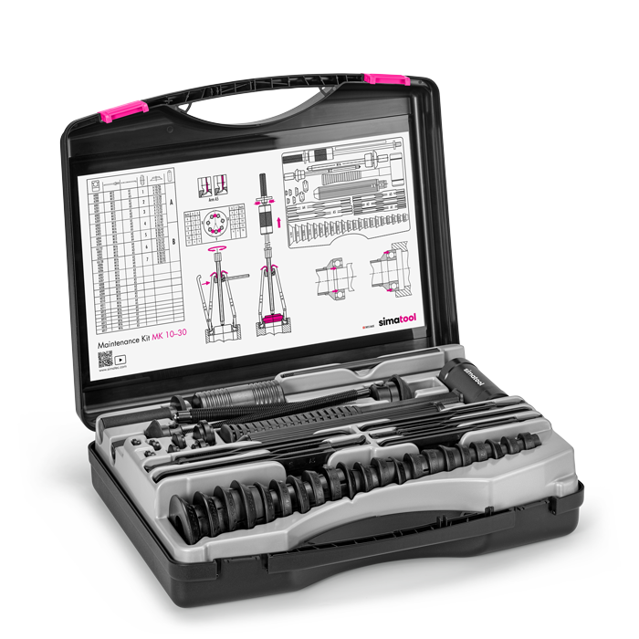 simatool Bearing Maintenance Kit MK 10-30 Case open. On the inside of the case there is a user guide including a bearing selection table. 