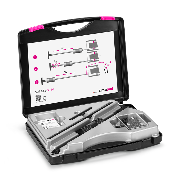 simatool Bearing Puller SP 50 Case open. The practical user guide including a bearing selection table is glued to the inside of the case. 