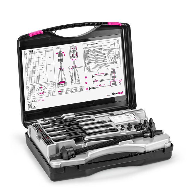 Simatool Twin Puller TP 150 Mallette ouverte. Le guide d'utilisation pratique comprenant un tableau de sélection des roulements est collé à l'intérieur de la mallette. 